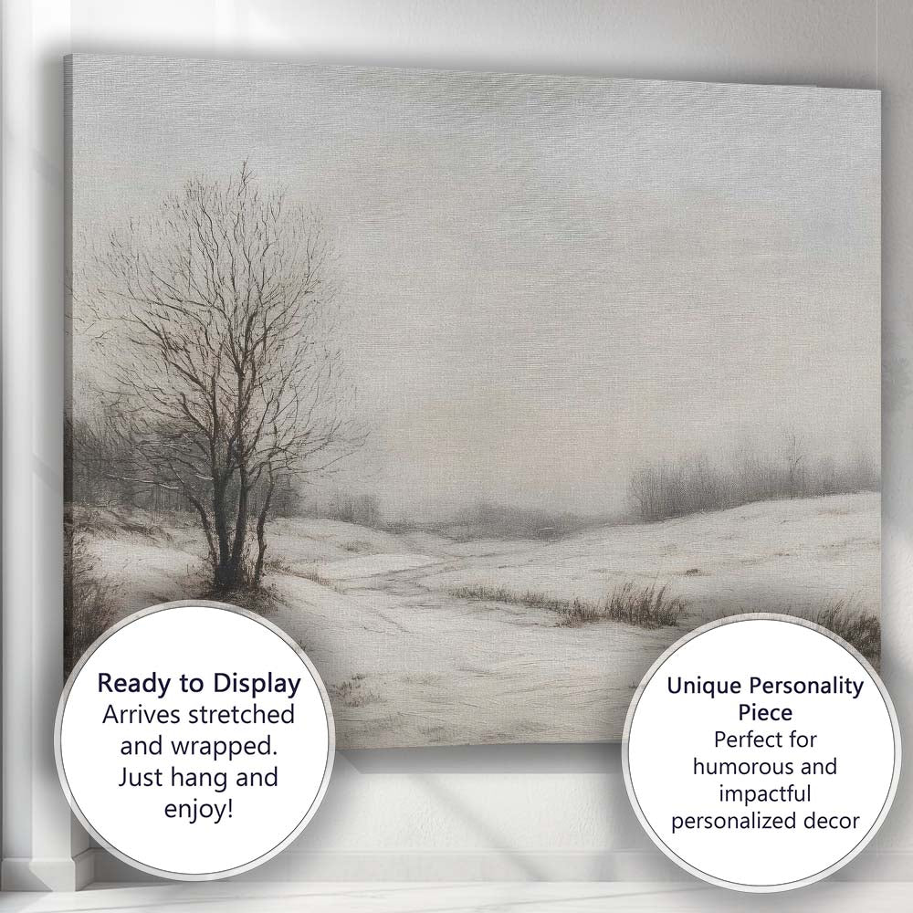 Serene Winter Meadow Snow Covered Countryside Bare Tree Landscape Canvas Wall Art Print Decor Picture Ready to Hang