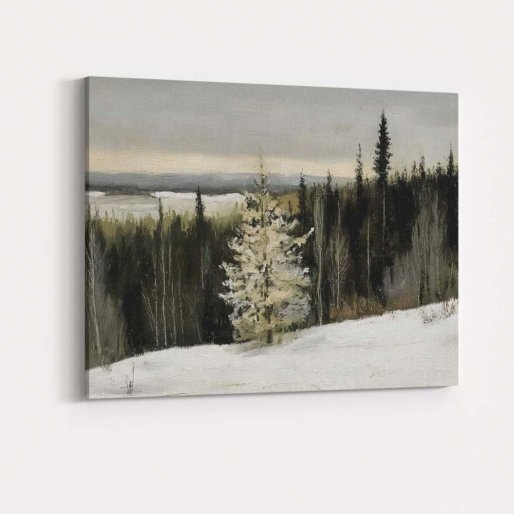 Snowy Evergreen Forest Panorama Winter Landscape Moody Neutral Tones Painting Canvas Wall Art Print Decor Picture Ready to Hang