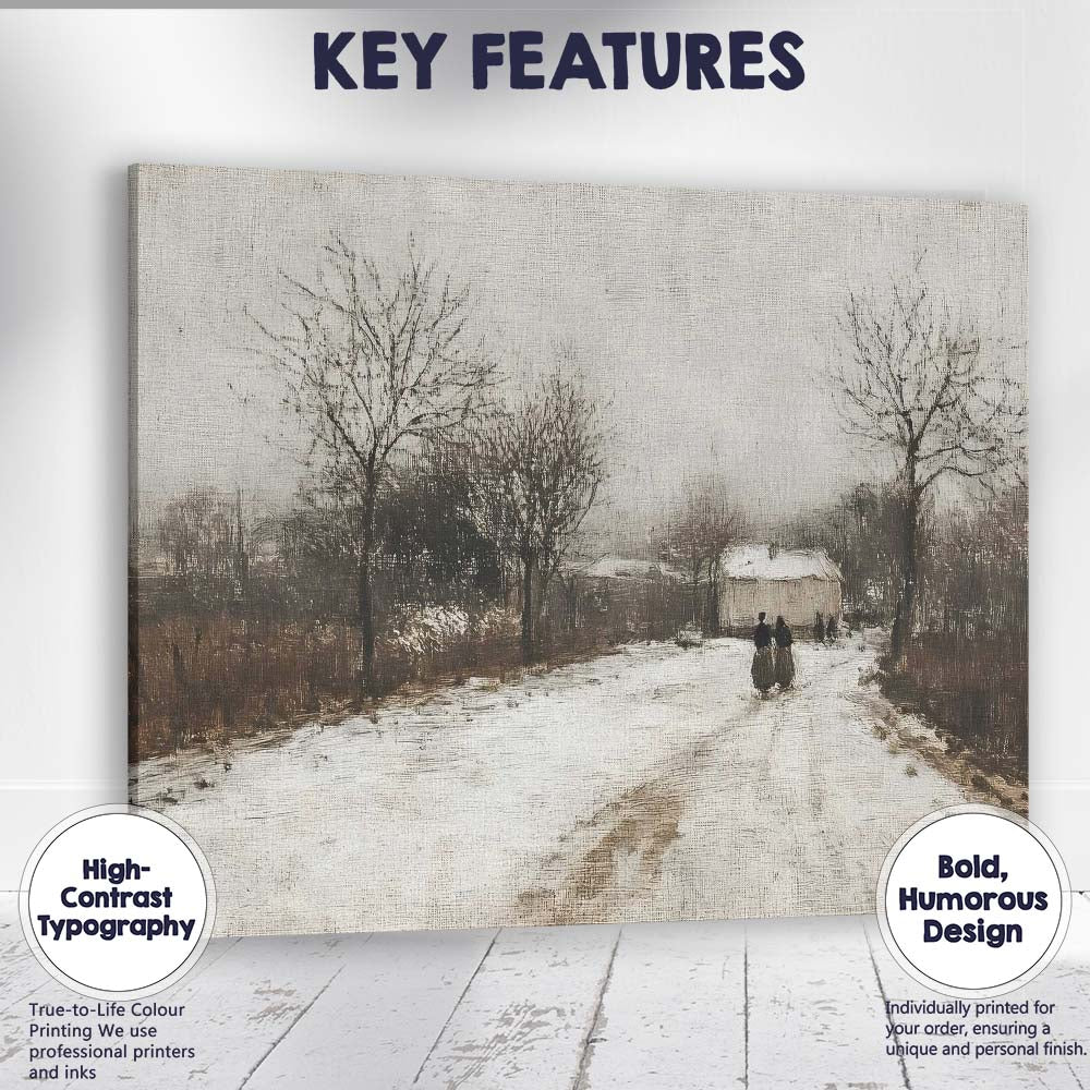 Traditional Snow Covered Village Road Winter Landscape Canvas Wall Art Print Decor Picture Ready to Hang