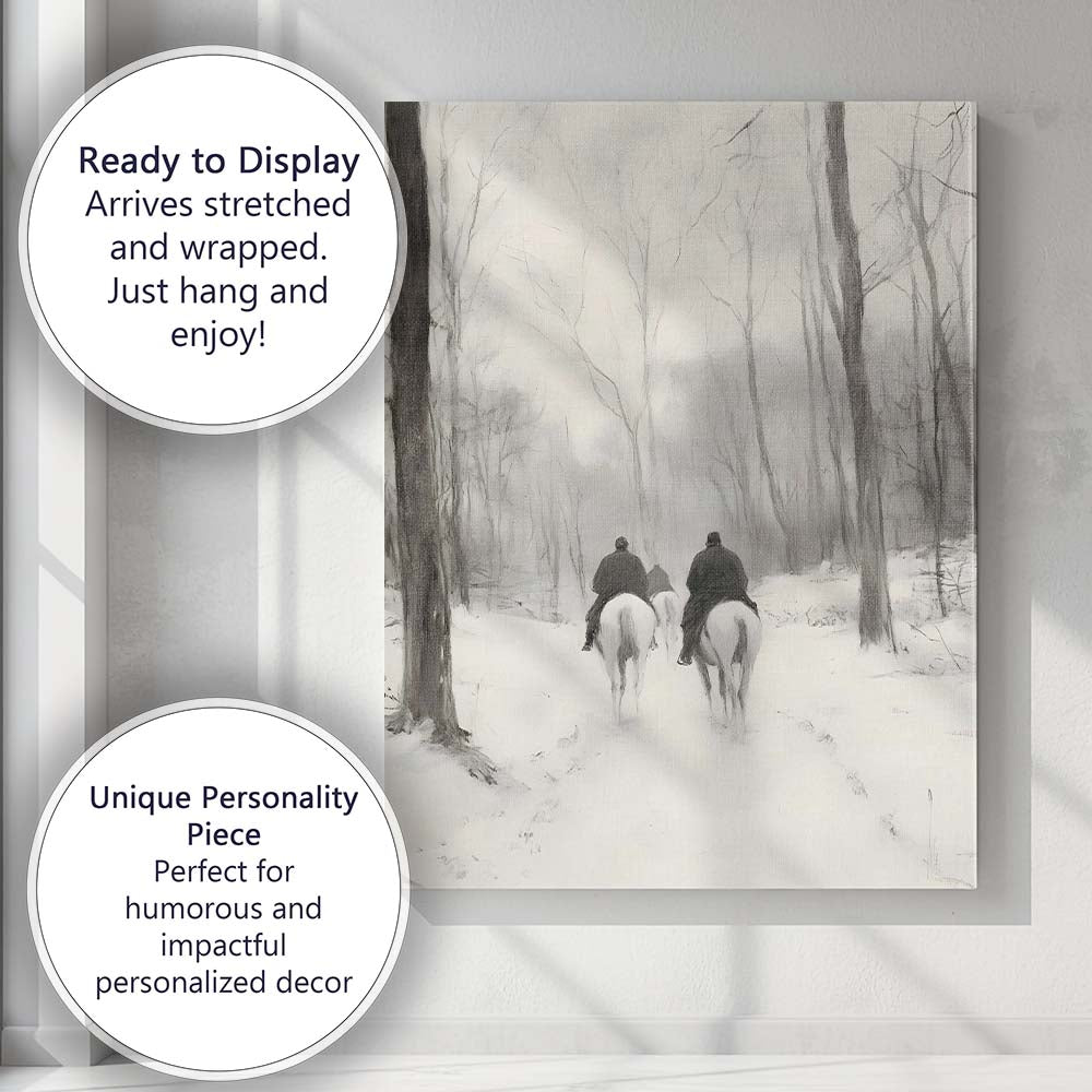 Snowy Woodland Horse Riders Winter Forest Path Atmospheric Landscape Canvas Wall Art Print Decor Picture Ready to Hang