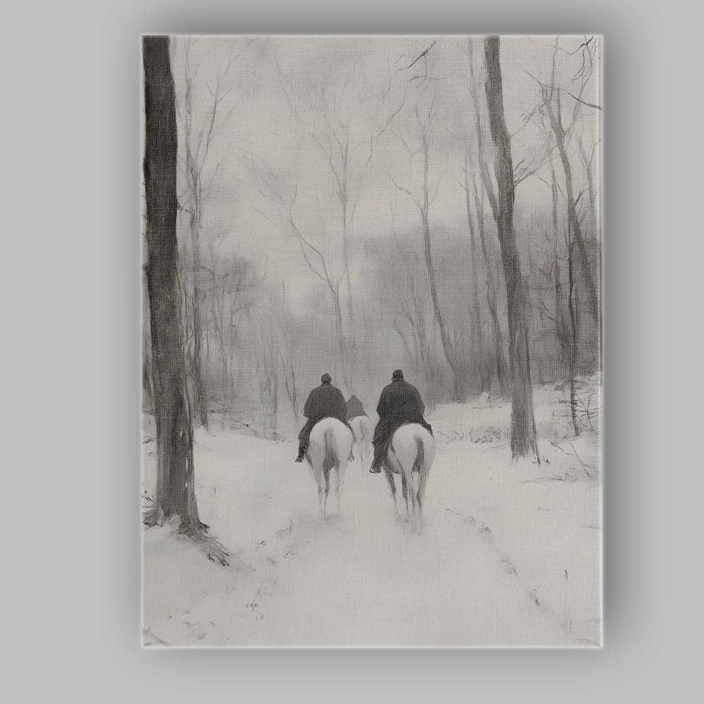 Snowy Woodland Horse Riders Winter Forest Path Atmospheric Landscape Canvas Wall Art Print Decor Picture Ready to Hang