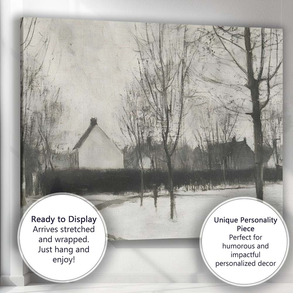 Monochrome Winter Village Pathway Figure Landscape Canvas Wall Art Print Decor Picture Ready to Hang