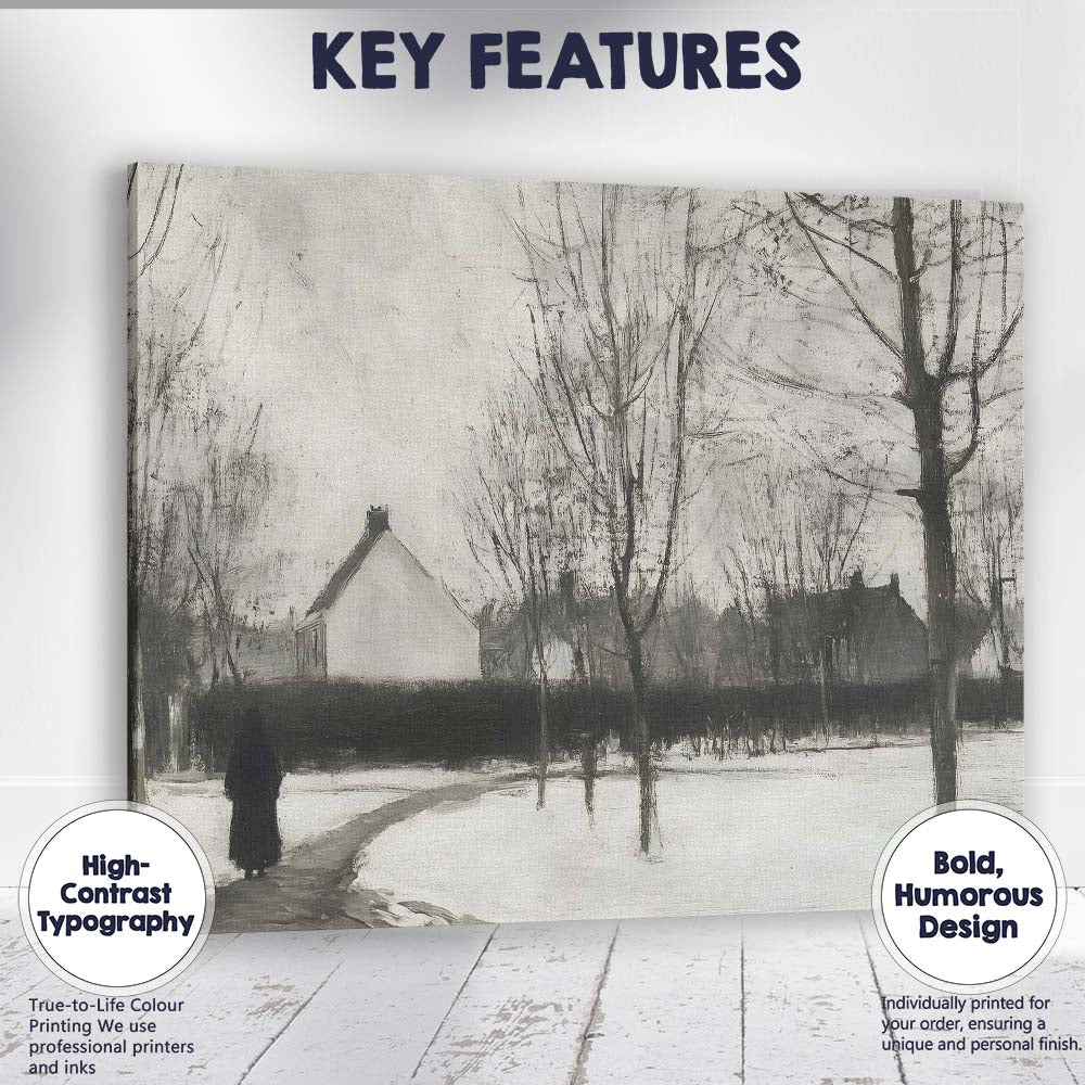 Monochrome Winter Village Pathway Figure Landscape Canvas Wall Art Print Decor Picture Ready to Hang