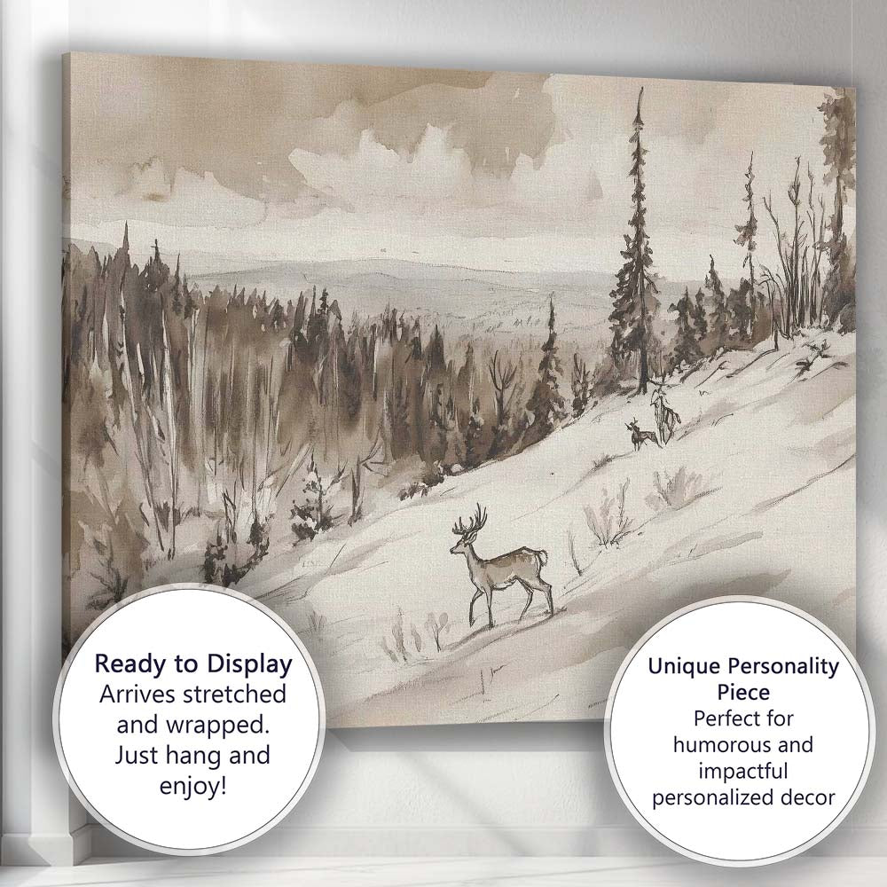 Sepia Woodland Deer Snowy Hillside Watercolour Landscape Canvas Wall Art Print Decor Picture Ready to Hang
