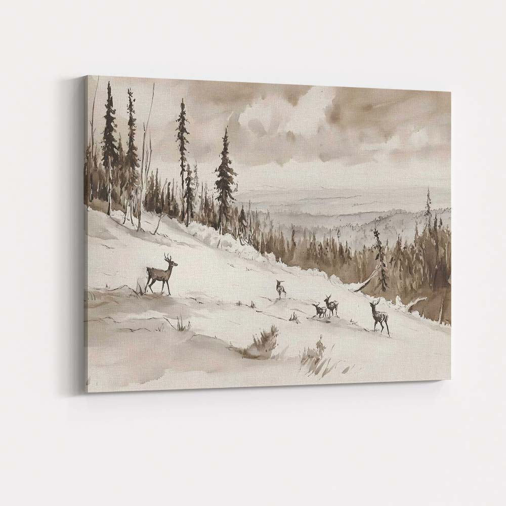 Sepia Watercolour Winter Deer Woodland Panorama Canvas Wall Art Print Decor Picture Ready to Hang