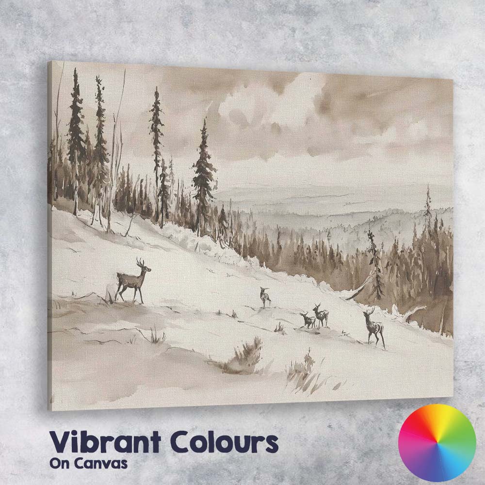 Sepia Watercolour Winter Deer Woodland Panorama Canvas Wall Art Print Decor Picture Ready to Hang