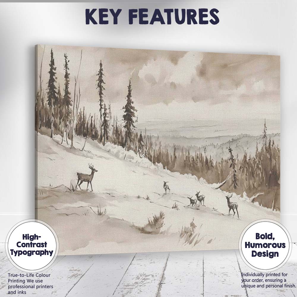 Sepia Watercolour Winter Deer Woodland Panorama Canvas Wall Art Print Decor Picture Ready to Hang