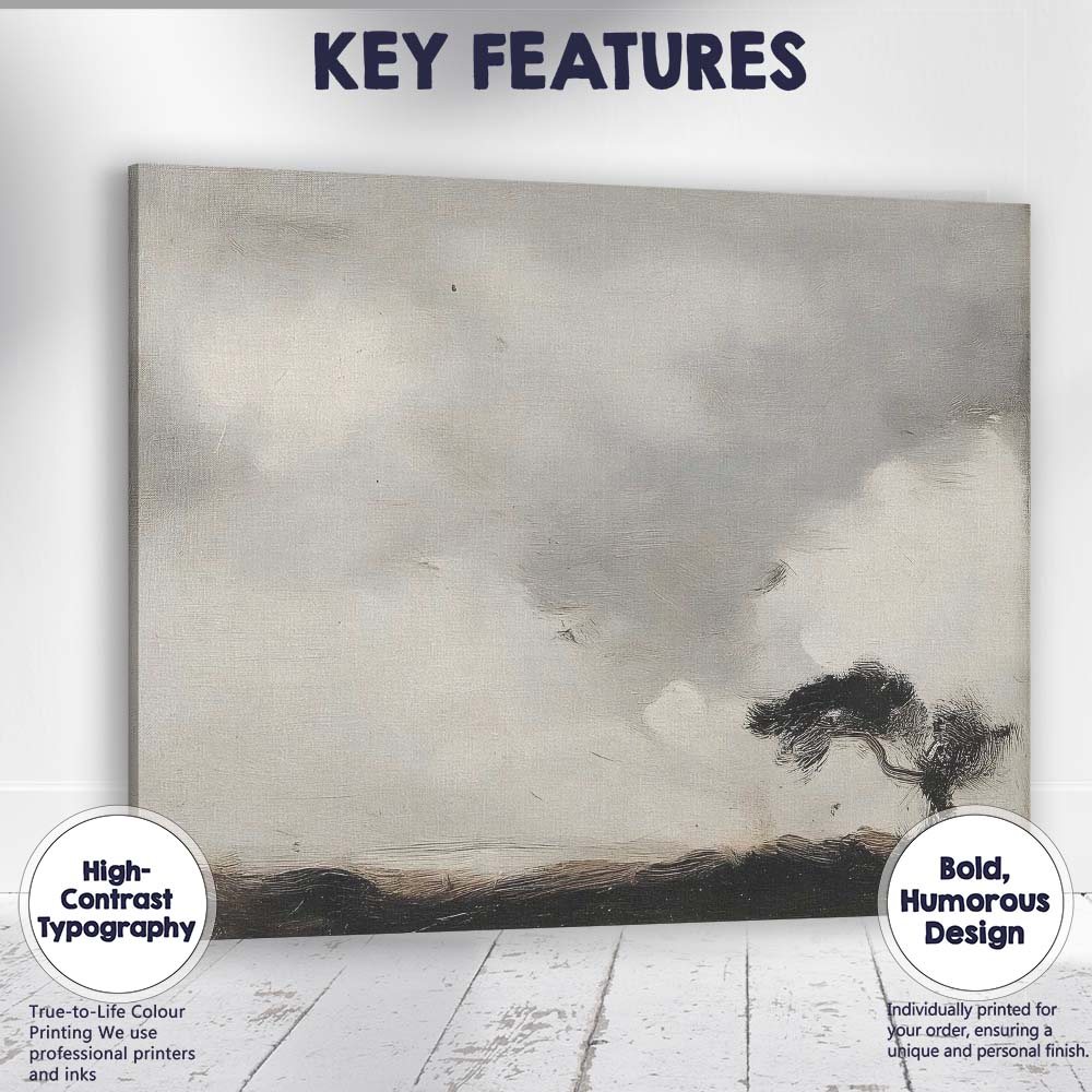 Minimalist Monochrome Windswept Tree Moody Winter Horizon Canvas Wall Art Print Decor Picture Ready to Hang