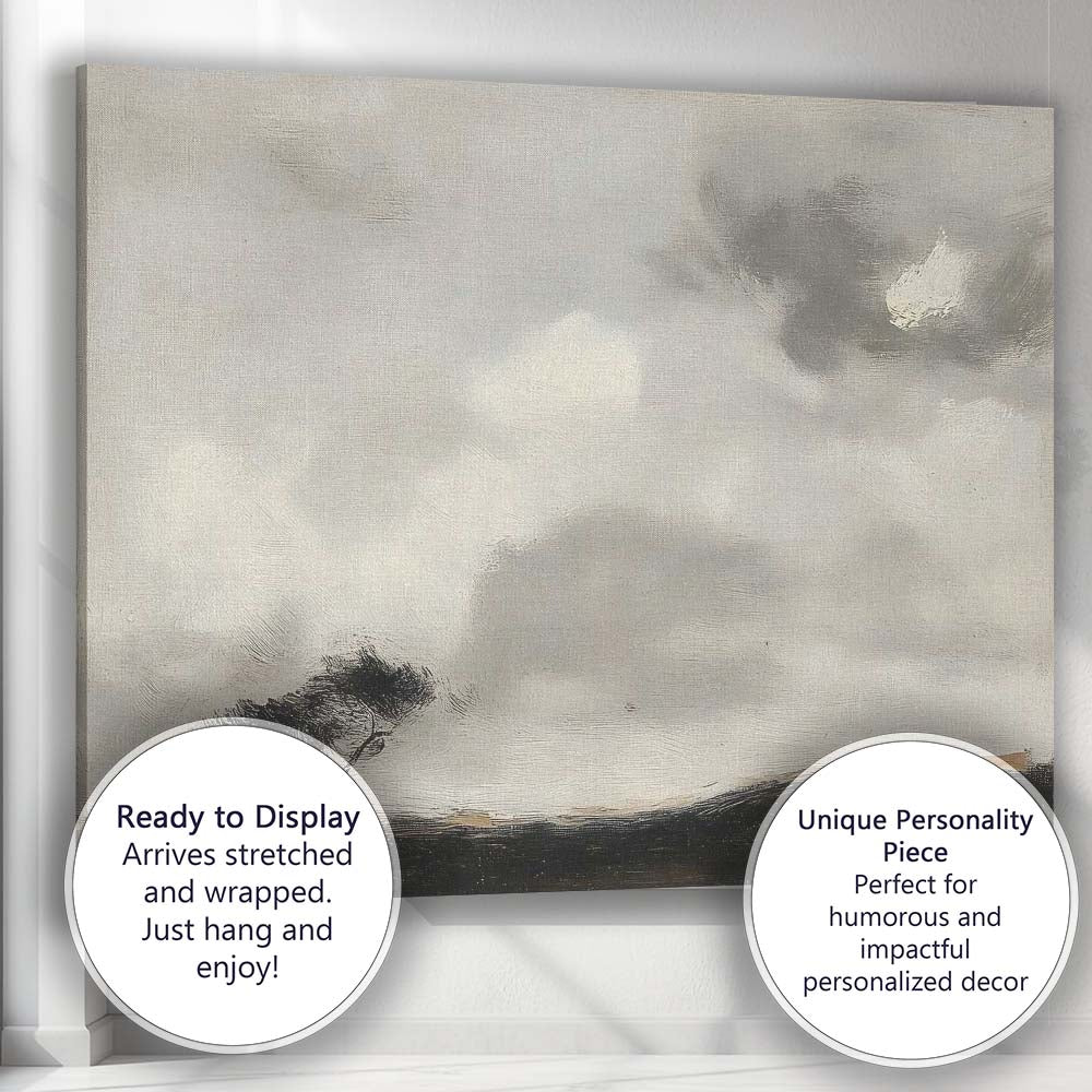 Monochrome Windswept Tree Dramatic Cloudy Landscape Textured Painting Canvas Wall Art Print Decor Picture Ready to Hang