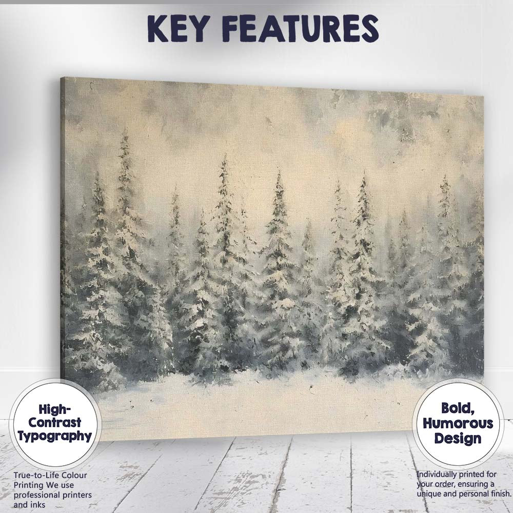 Textured Snowy Pine Forest Winter Woodland Canvas Wall Art Print Decor Picture Ready to Hang