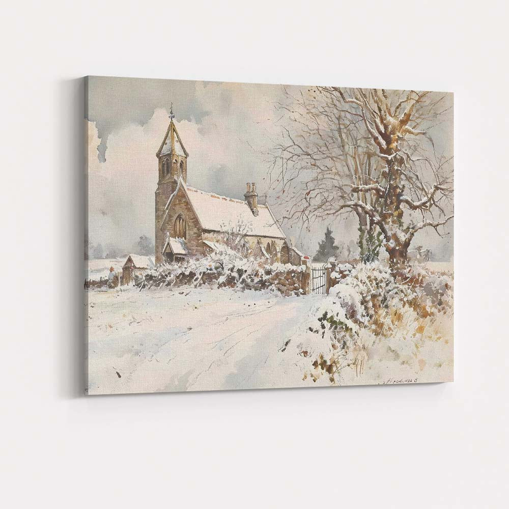 Watercolour Snowy Country Church Winter Village Landscape Canvas Wall Art Print Decor Picture Ready to Hang