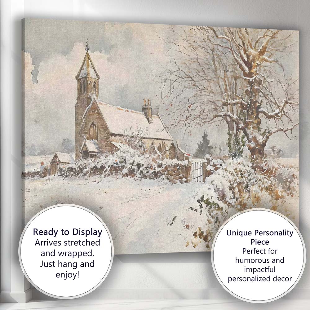 Snow Covered Country Church Winter Watercolour Landscape Canvas Wall Art Print Decor Picture Ready to Hang