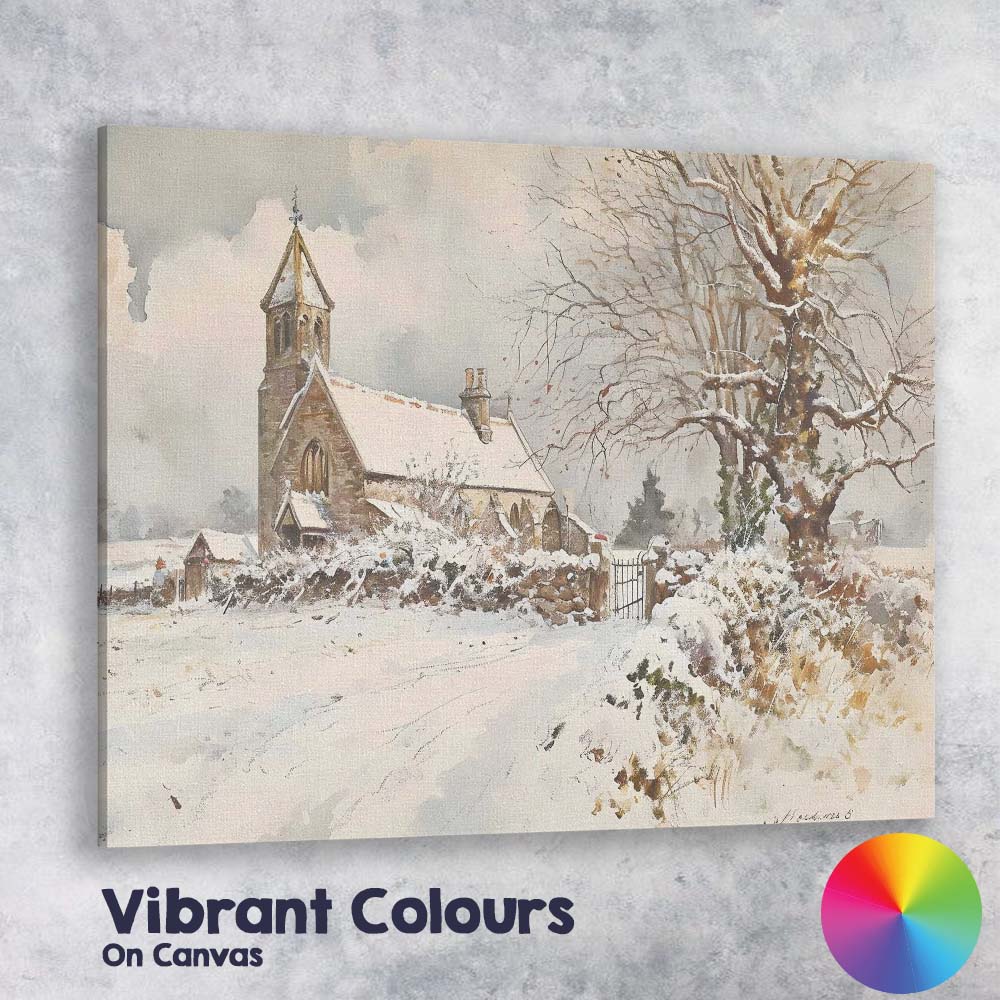 Snow Covered Country Church Winter Watercolour Landscape Canvas Wall Art Print Decor Picture Ready to Hang
