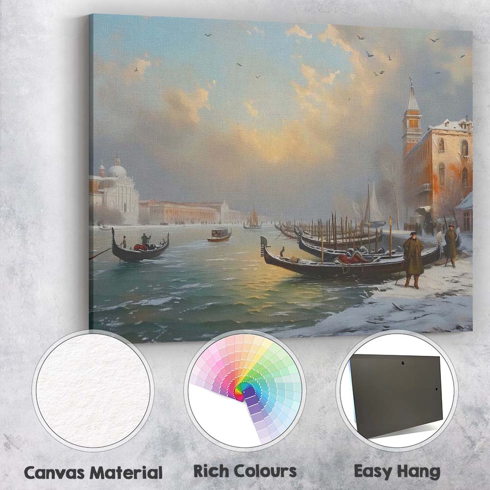 Venetian Gondolas Snowy Canal Sunset Scenic Painting Canvas Wall Art Print Decor Picture Ready to Hang