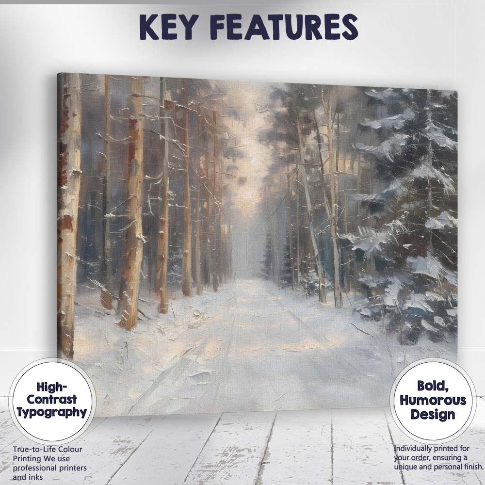 Impressionist Snow Covered Forest Track Winter Woodland Canvas Wall Art Print Decor Picture Ready to Hang