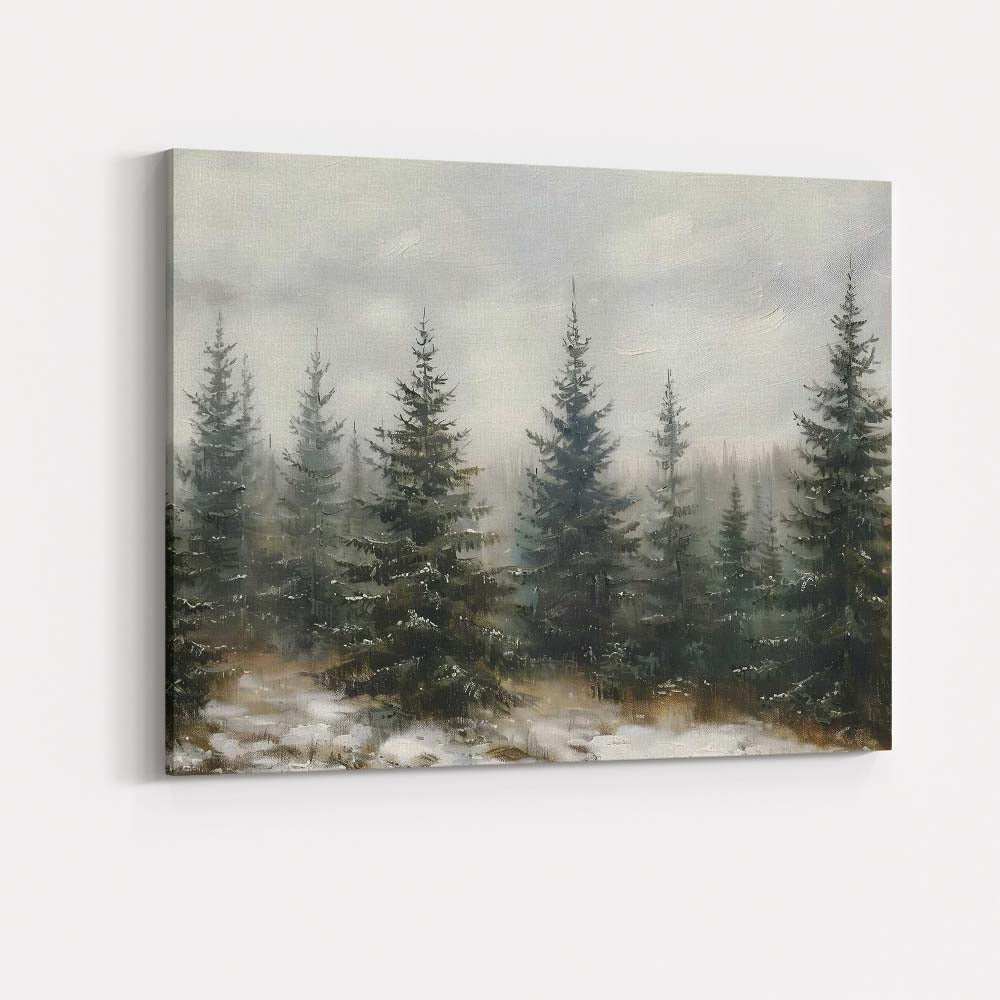 Atmospheric Evergreen Forest Snow Landscape Painting Canvas Wall Art Print Decor Picture Ready to Hang