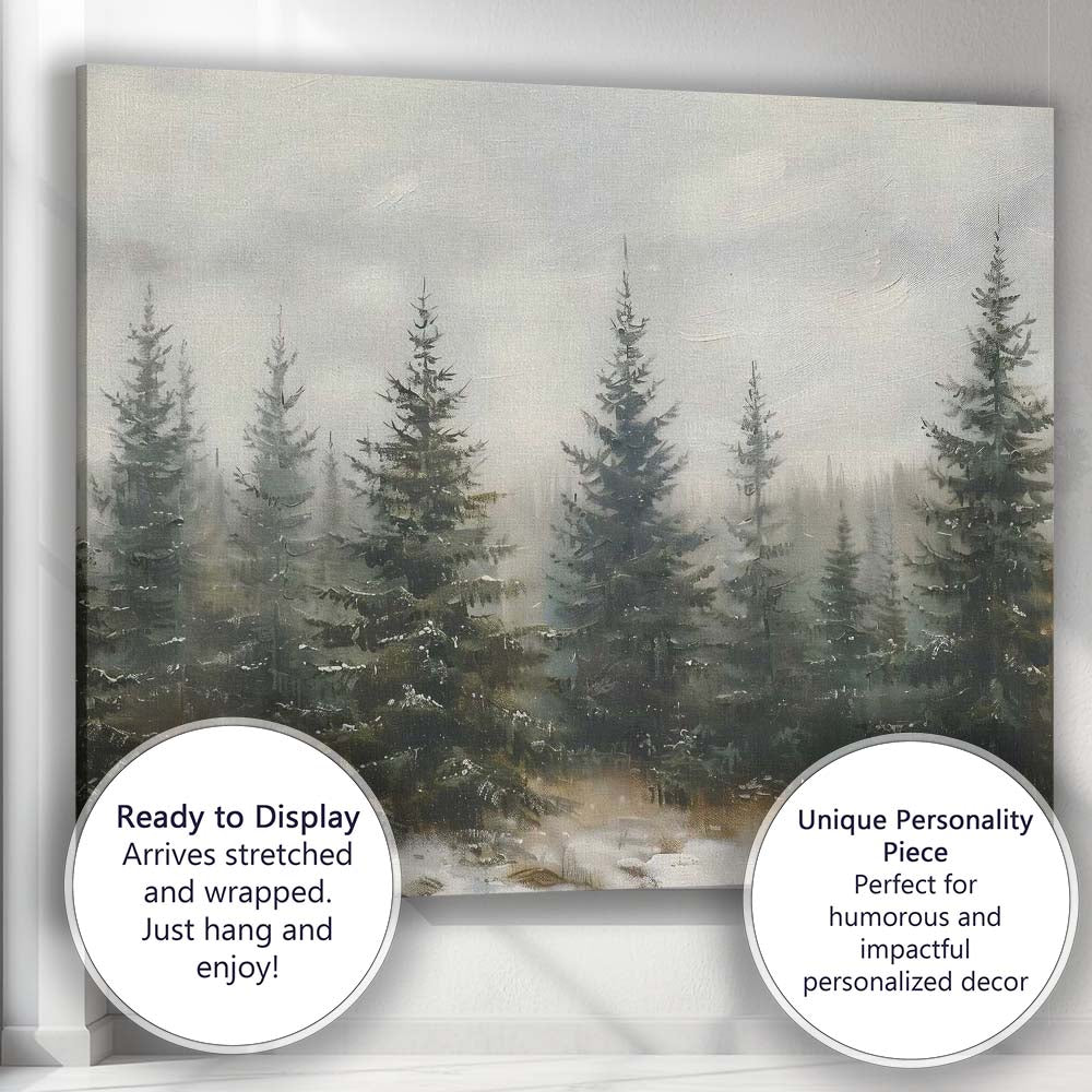 Misty Evergreen Pine Forest Landscape Textured Watercolour Canvas Wall Art Print Decor Picture Ready to Hang