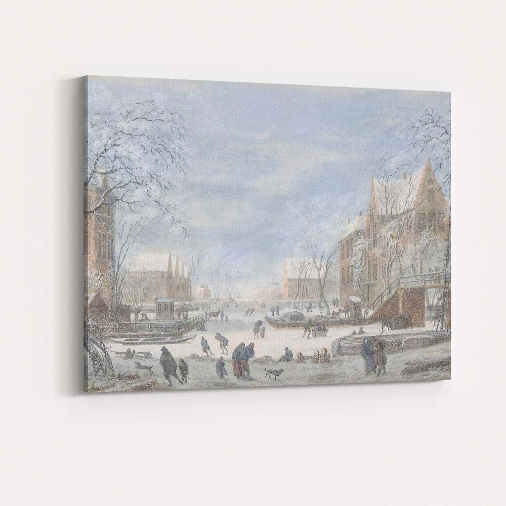 Historic Winter Canal Town Snow Covered European Landscape Canvas Wall Art Print Decor Picture Ready to Hang