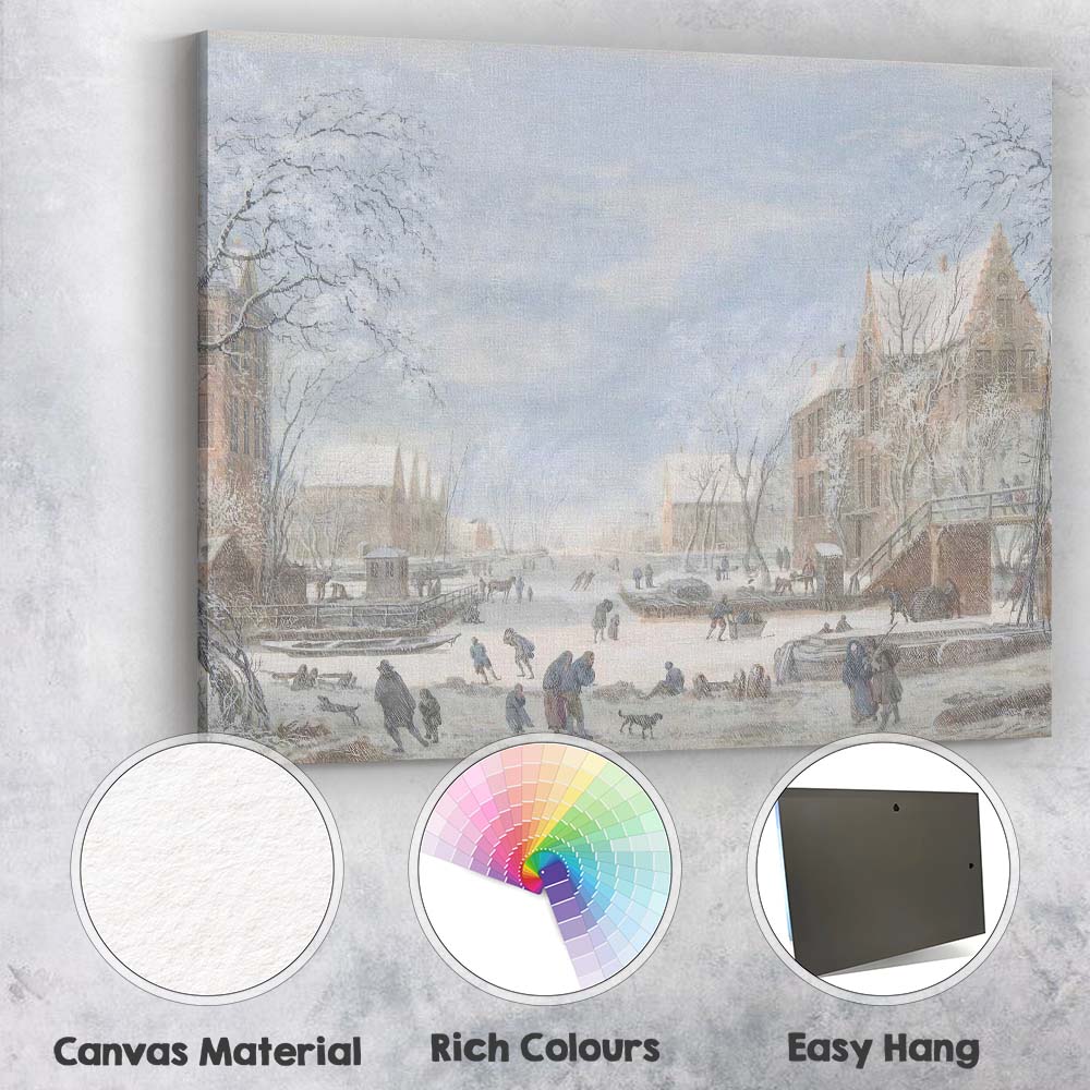 Historic Winter Canal Town Snow Covered European Landscape Canvas Wall Art Print Decor Picture Ready to Hang