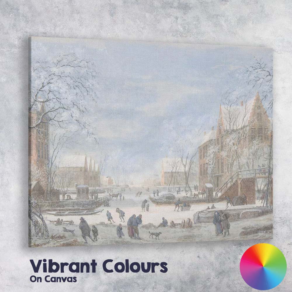 Historic Winter Canal Town Snow Covered European Landscape Canvas Wall Art Print Decor Picture Ready to Hang