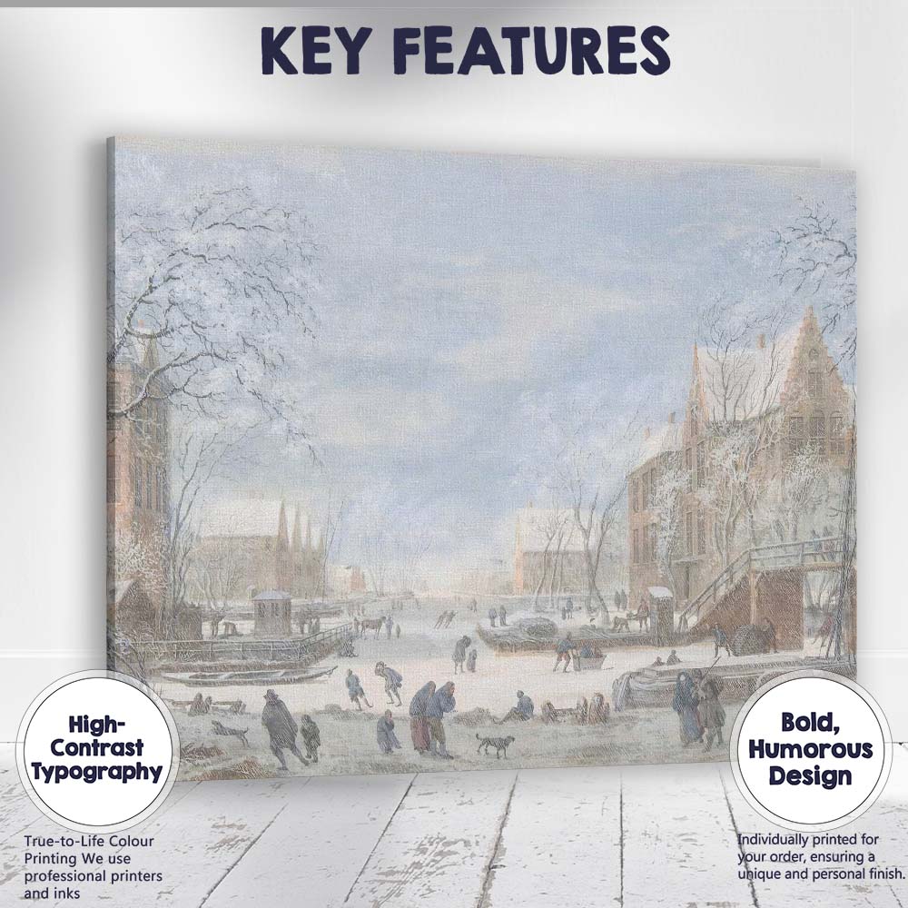 Classic Dutch Winter Canal Ice Skating Village Scene Canvas Wall Art Print Decor Picture Ready to Hang