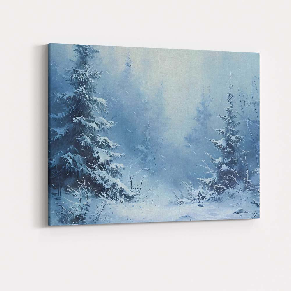 Blue Frosted Evergreen Forest Winter Snow Scene Canvas Wall Art Print Decor Picture Ready to Hang