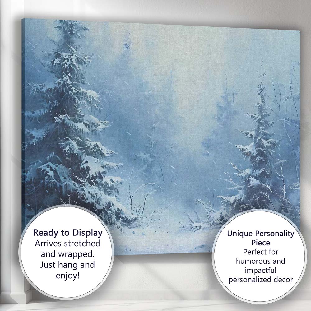 Blue Frosted Evergreen Forest Winter Snow Scene Canvas Wall Art Print Decor Picture Ready to Hang