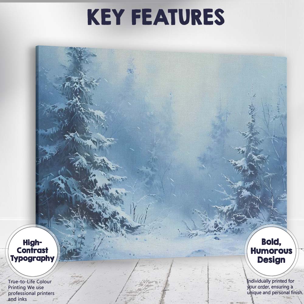 Blue Frosted Evergreen Forest Winter Snow Scene Canvas Wall Art Print Decor Picture Ready to Hang