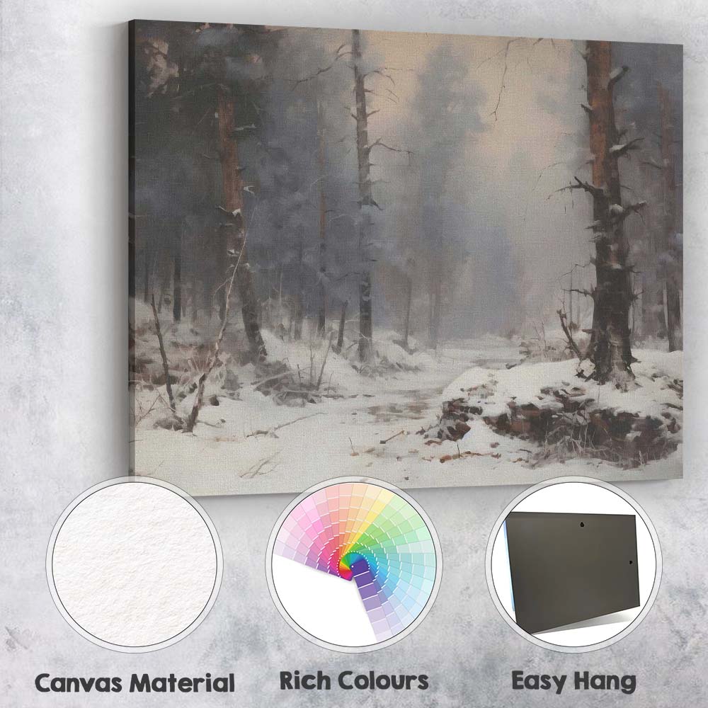 Atmospheric Snow Covered Forest Path Winter Woodland Scene Canvas Wall Art Print Decor Picture Ready to Hang