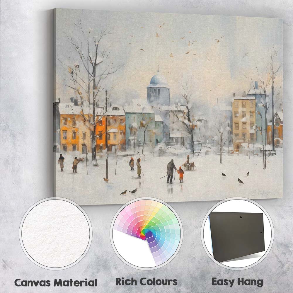 Charming Snowy Town Square Winter Cityscape Watercolour Canvas Wall Art Print Decor Picture Ready to Hang