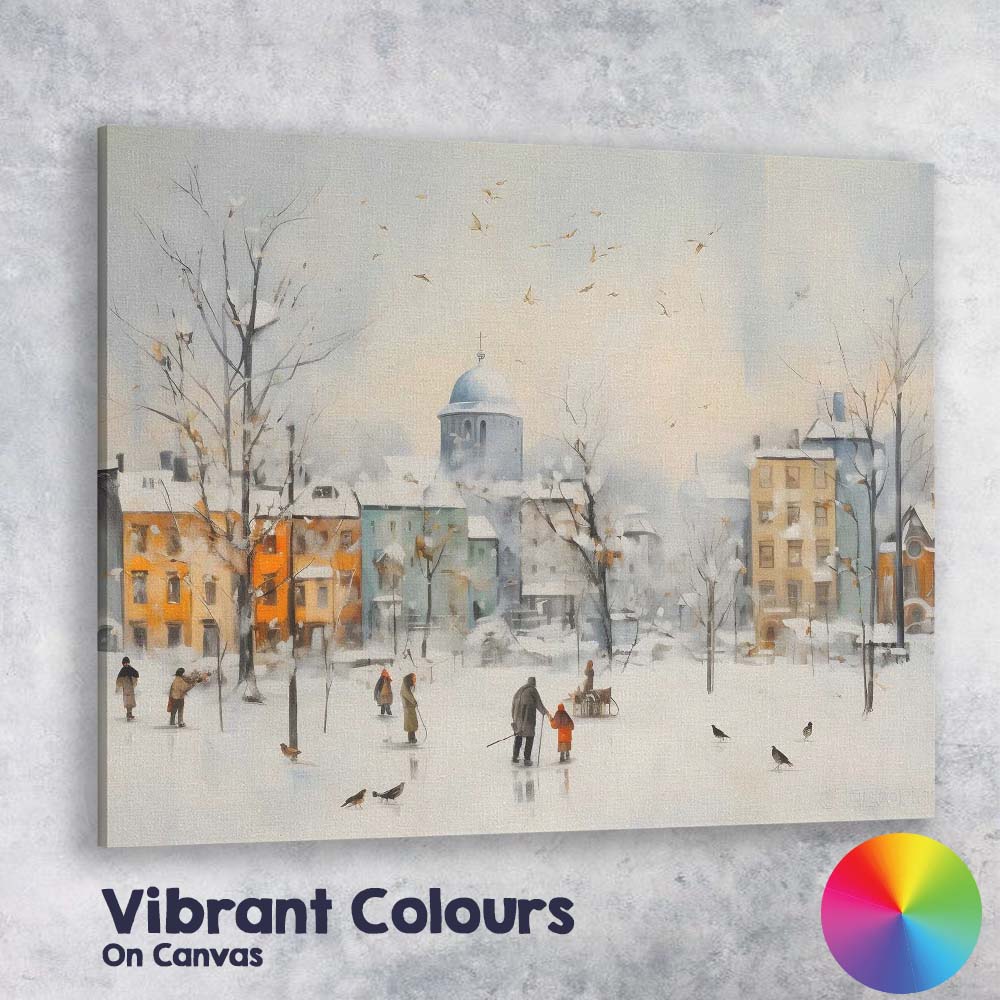 Charming Snowy Town Square Winter Cityscape Watercolour Canvas Wall Art Print Decor Picture Ready to Hang