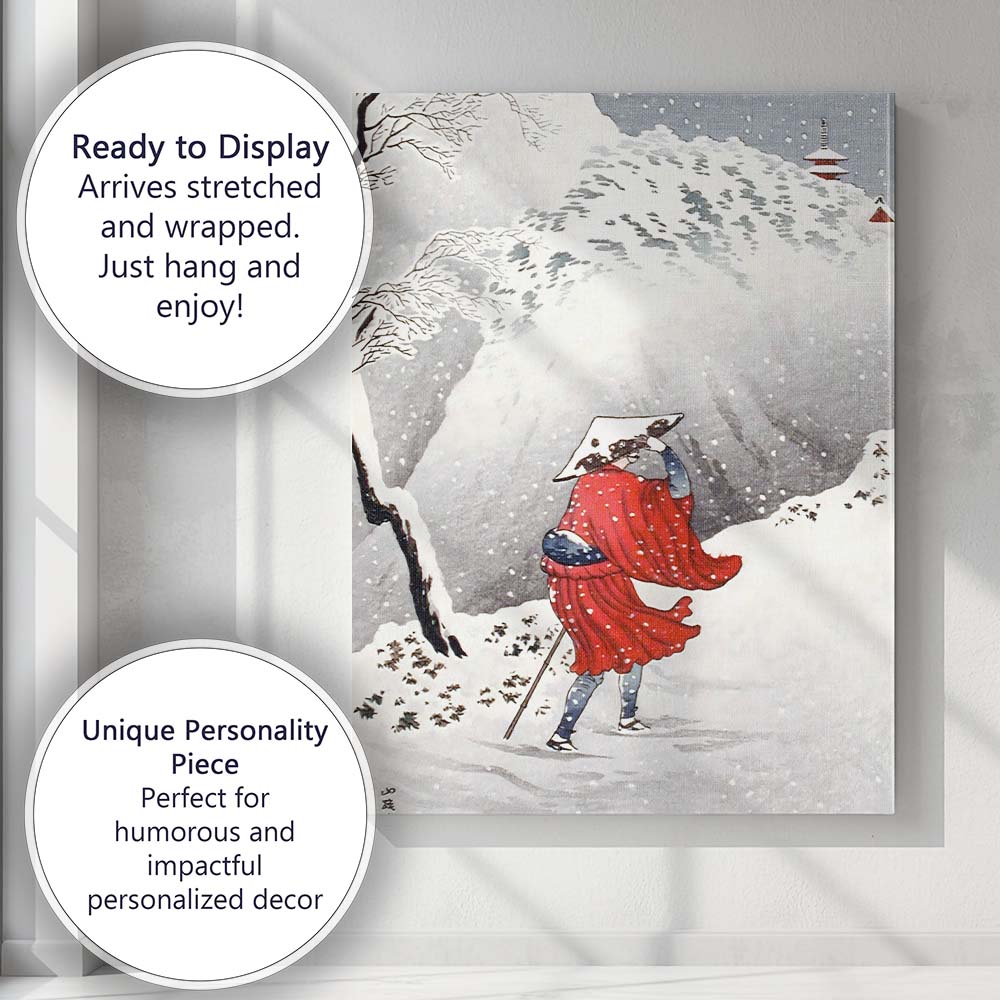 Japanese Winter Traveller Red Kimono Snowstorm Landscape Canvas Wall Art Print Decor Picture Ready to Hang