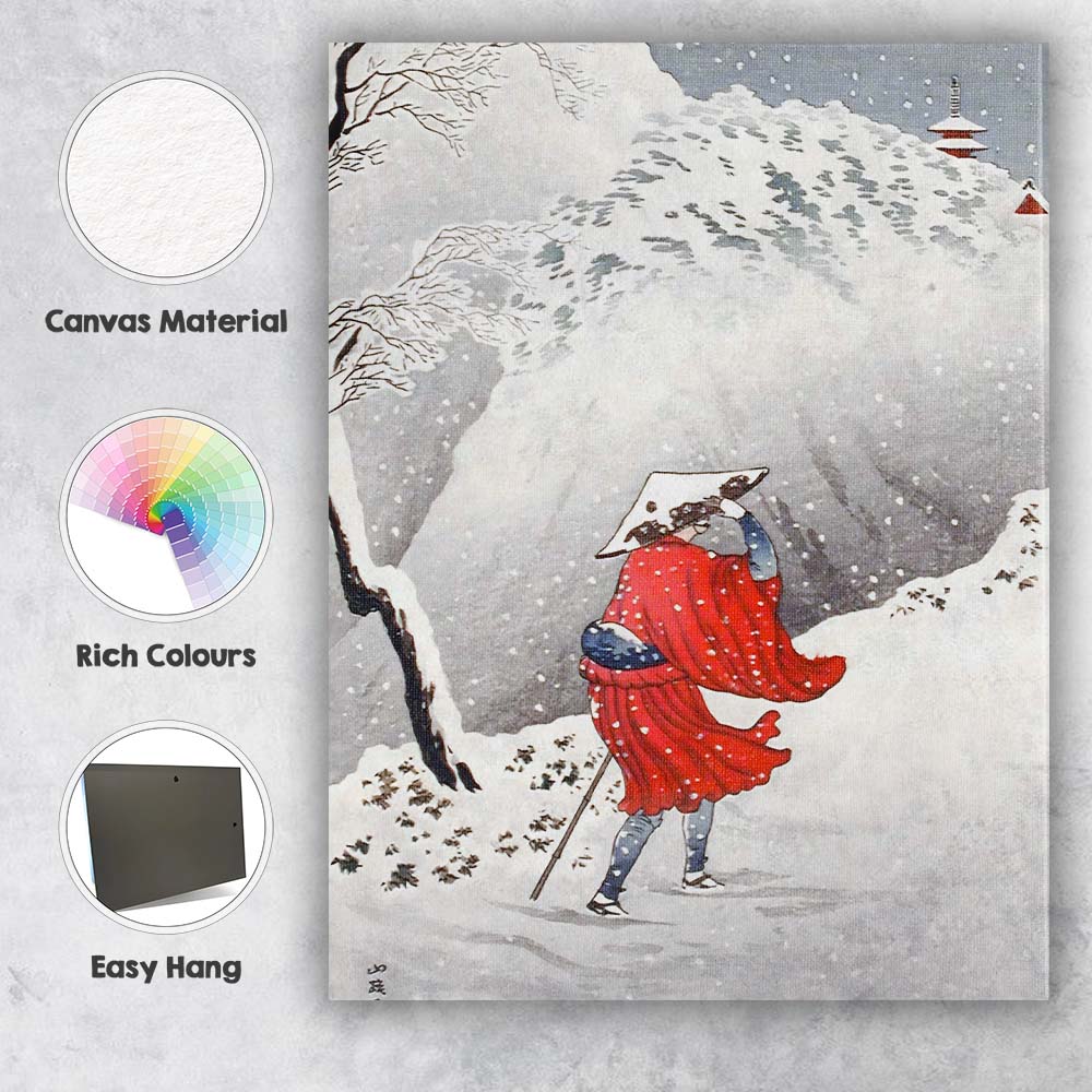 Japanese Winter Traveller Red Kimono Snowstorm Landscape Canvas Wall Art Print Decor Picture Ready to Hang