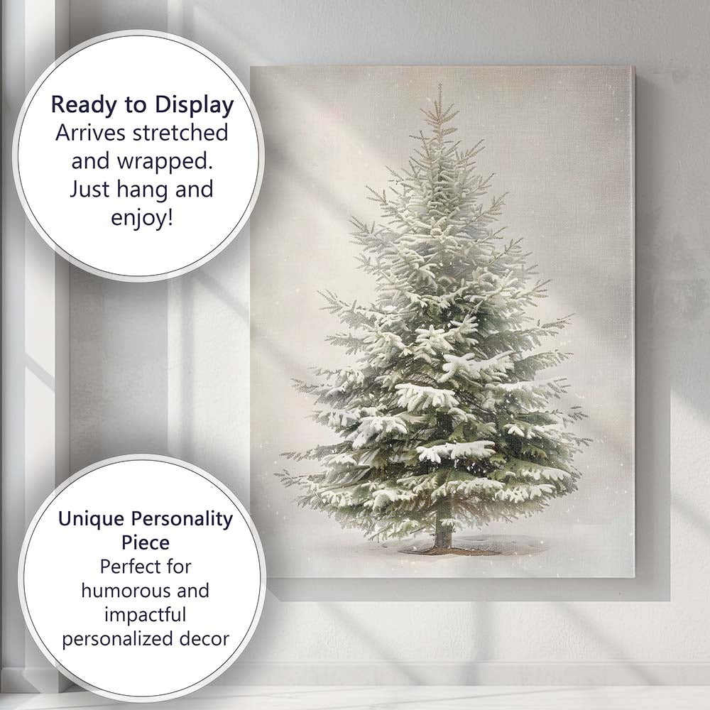 Snow Covered Evergreen Fir Tree Winter Botanical Illustration Canvas Wall Art Print Decor Picture Ready to Hang