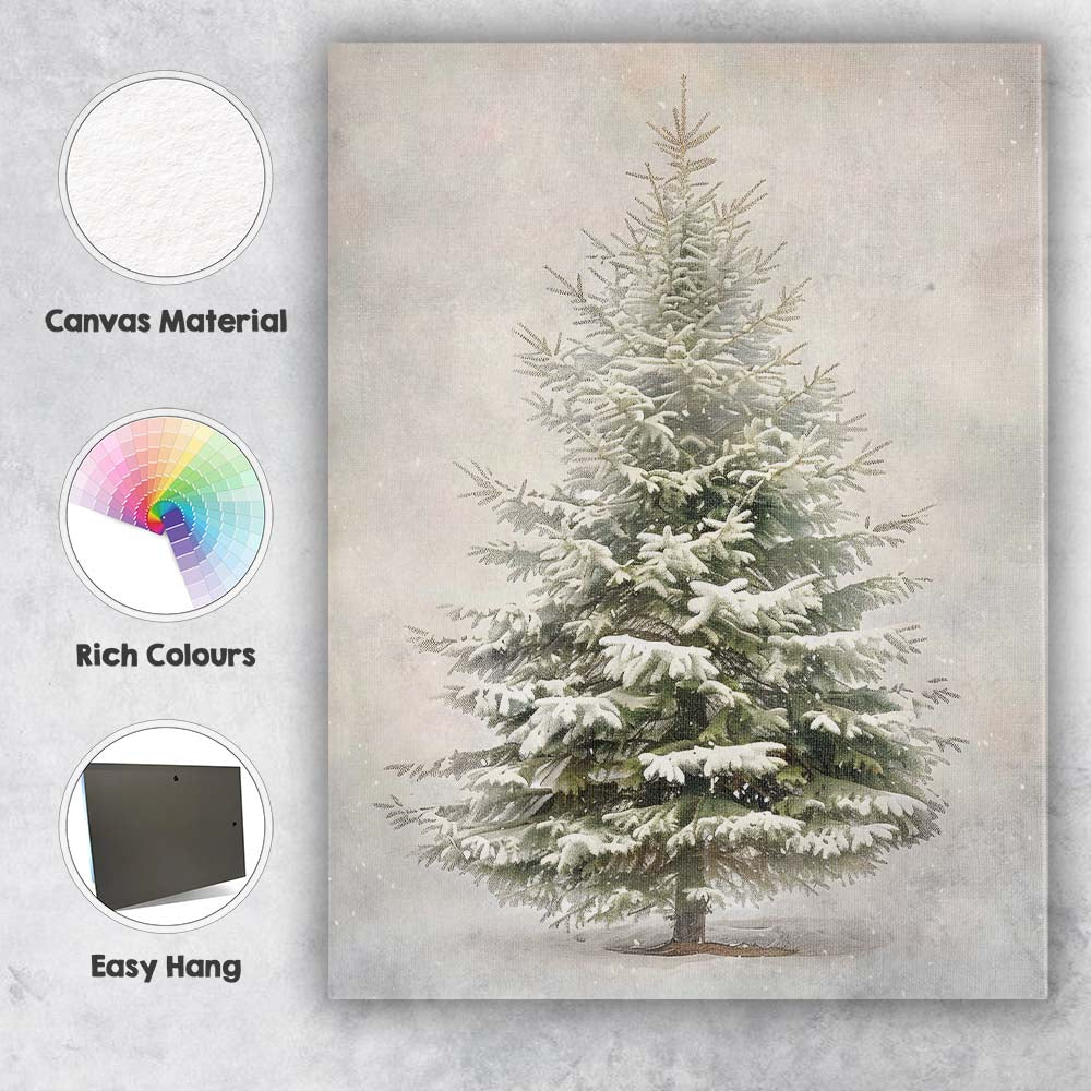 Snow Covered Evergreen Fir Tree Winter Botanical Illustration Canvas Wall Art Print Decor Picture Ready to Hang