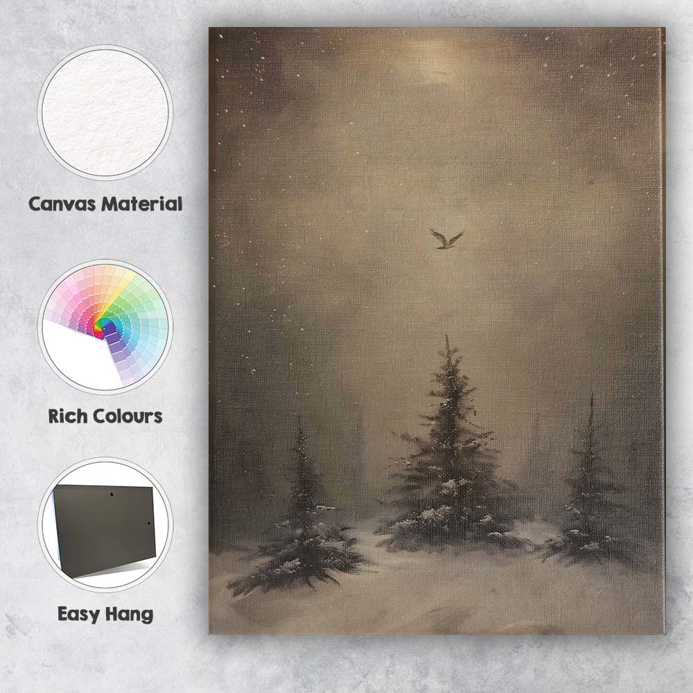 Atmospheric Winter Pine Forest Lone Bird Snow Landscape Canvas Wall Art Print Decor Picture Ready to Hang