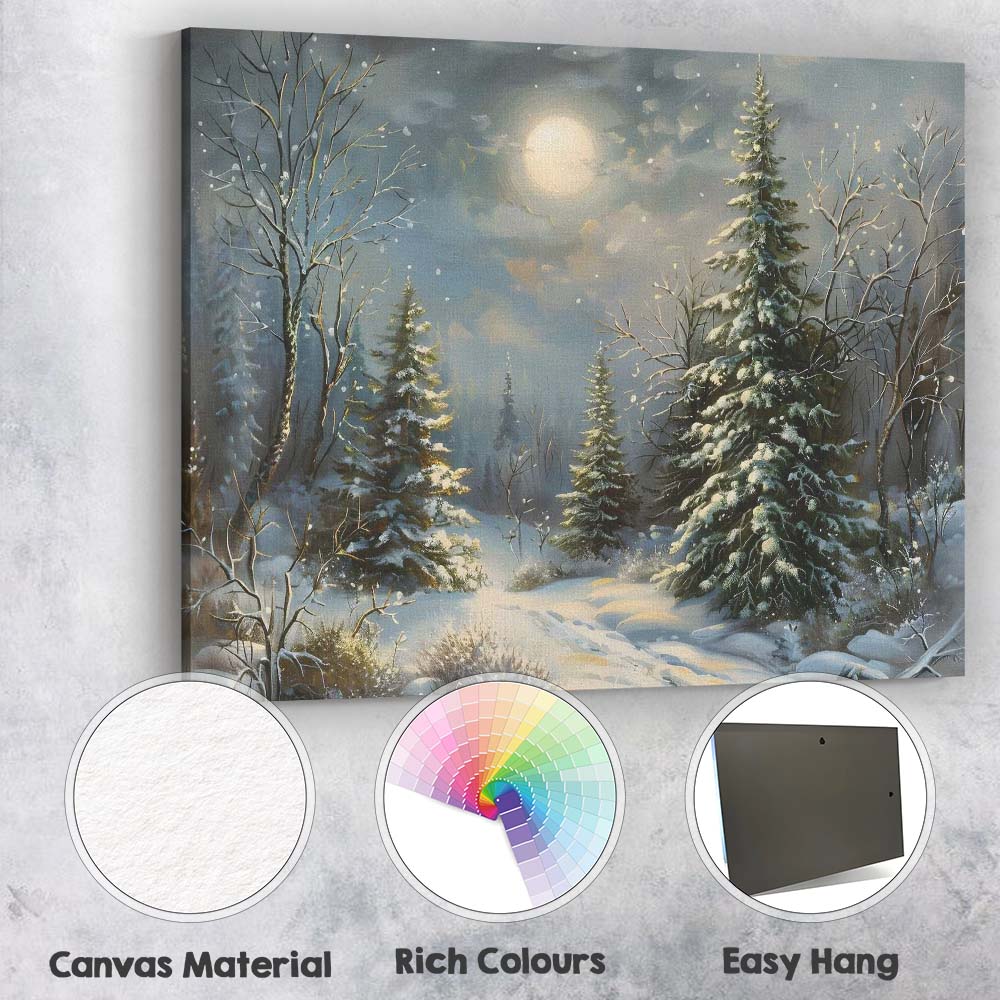 Moonlit Snow Covered Pine Forest Winter Landscape Impressionist Canvas Wall Art Print Decor Picture Ready to Hang