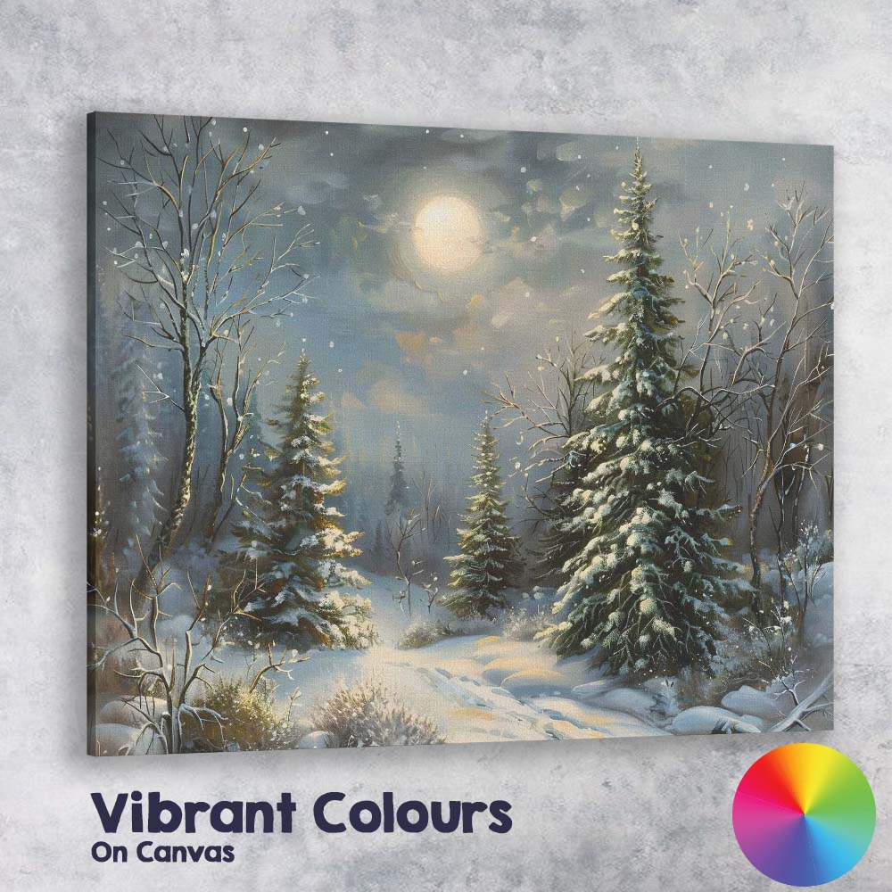 Moonlit Snow Covered Pine Forest Winter Landscape Impressionist Canvas Wall Art Print Decor Picture Ready to Hang
