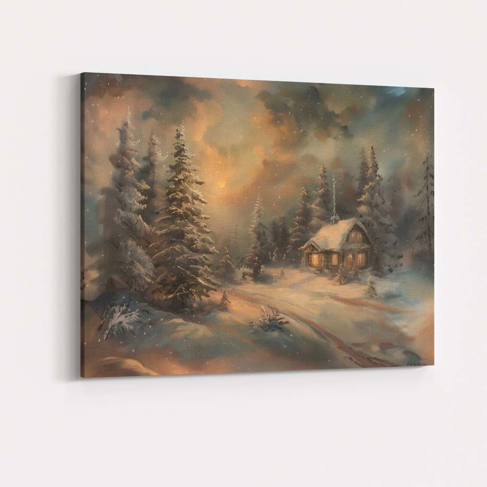 Cosy Snowy Forest Cabin Winter Twilight Landscape Canvas Wall Art Print Decor Picture Ready to Hang
