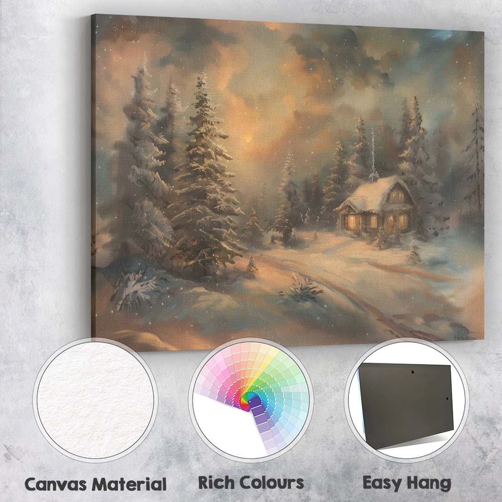 Cosy Snowy Forest Cabin Winter Twilight Landscape Canvas Wall Art Print Decor Picture Ready to Hang