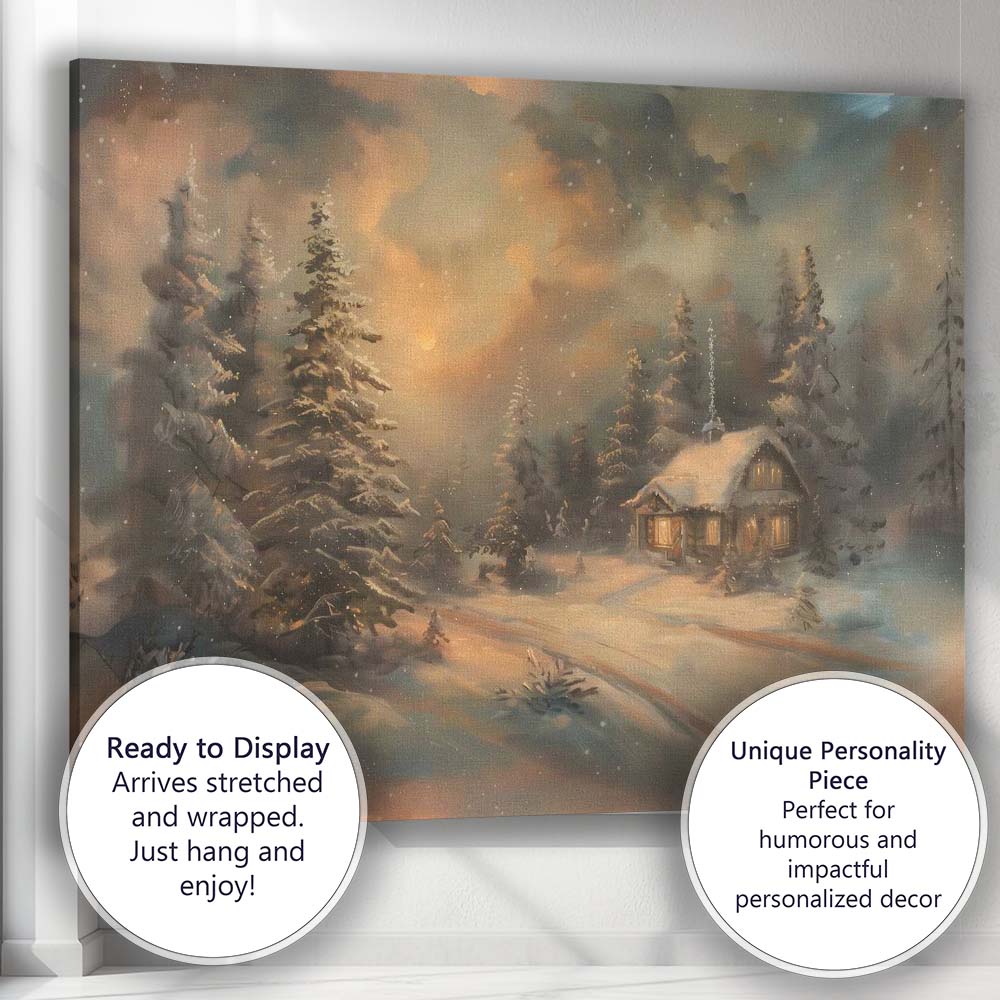 Cosy Snowy Forest Cabin Winter Twilight Landscape Canvas Wall Art Print Decor Picture Ready to Hang