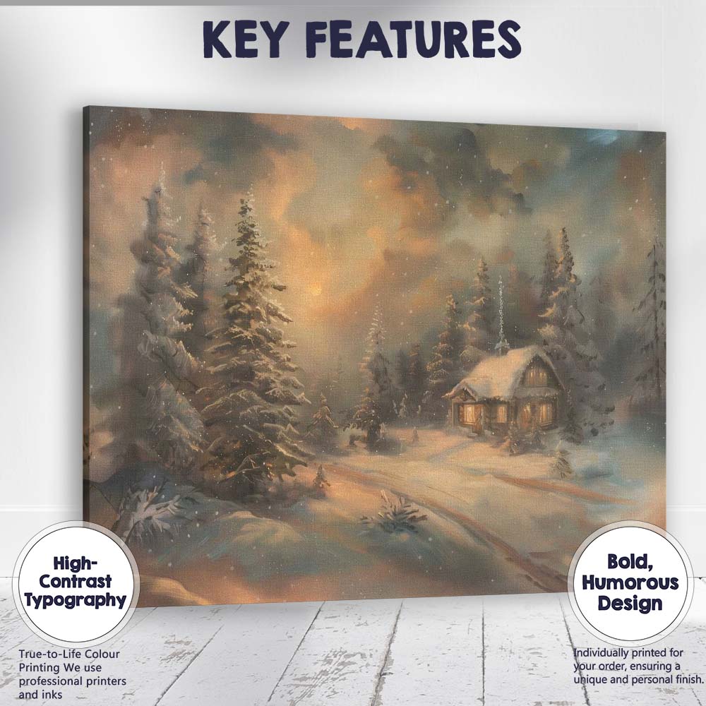 Cosy Snowy Forest Cabin Winter Twilight Landscape Canvas Wall Art Print Decor Picture Ready to Hang