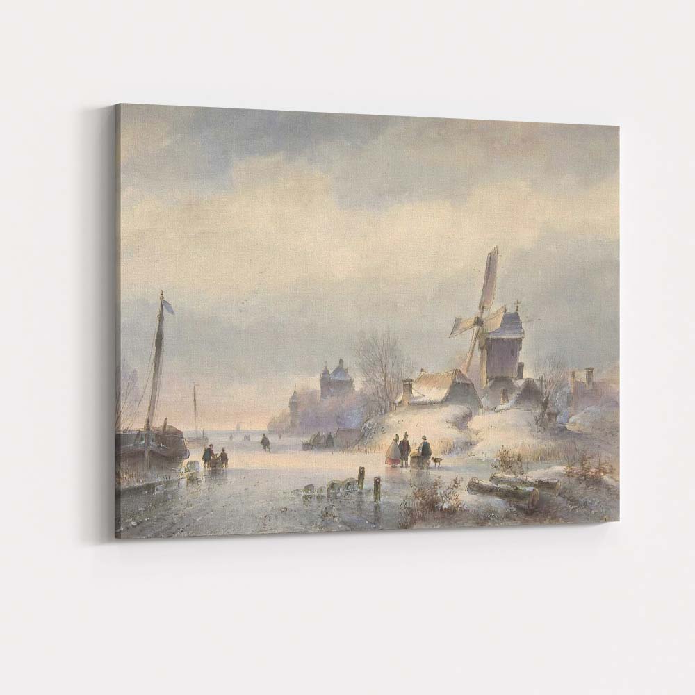 Traditional Snowy Village Windmill Watercolour Landscape Canvas Wall Art Print Decor Picture Ready to Hang