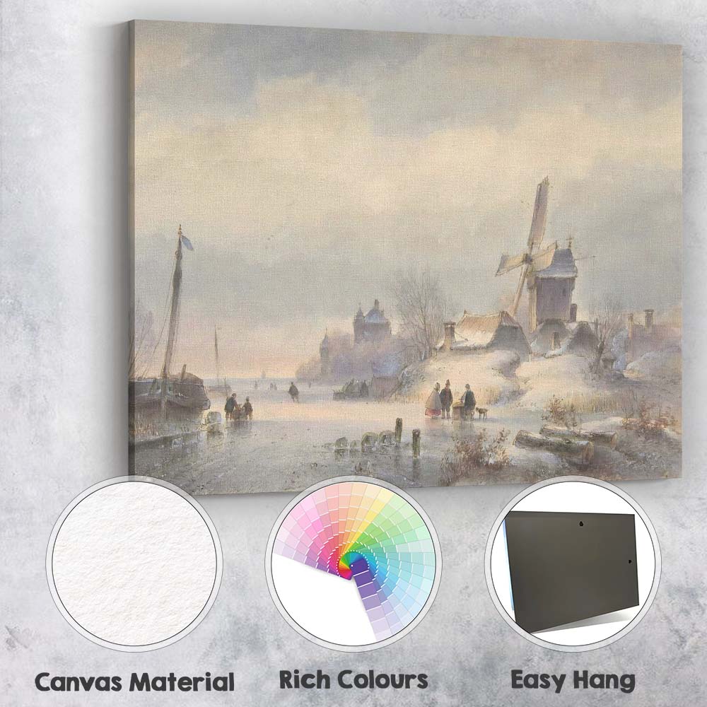 Traditional Snowy Village Windmill Watercolour Landscape Canvas Wall Art Print Decor Picture Ready to Hang