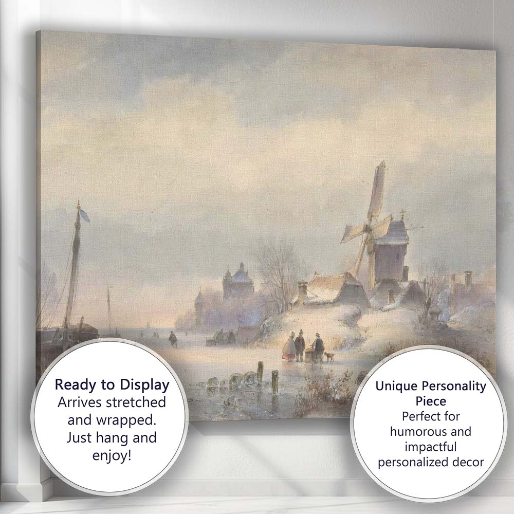 Traditional Snowy Village Windmill Watercolour Landscape Canvas Wall Art Print Decor Picture Ready to Hang