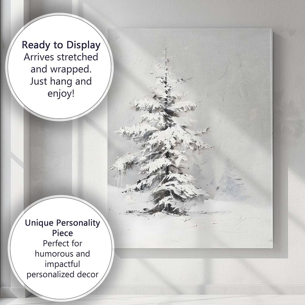 Monochrome Snow Covered Fir Tree Minimalist Winter Canvas Wall Art Print Decor Picture Ready to Hang