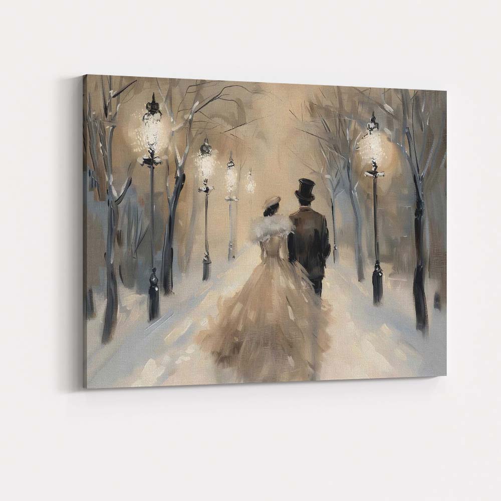 Romantic Victorian Couple Snowy Winter Evening Stroll Canvas Wall Art Print Decor Picture Ready to Hang