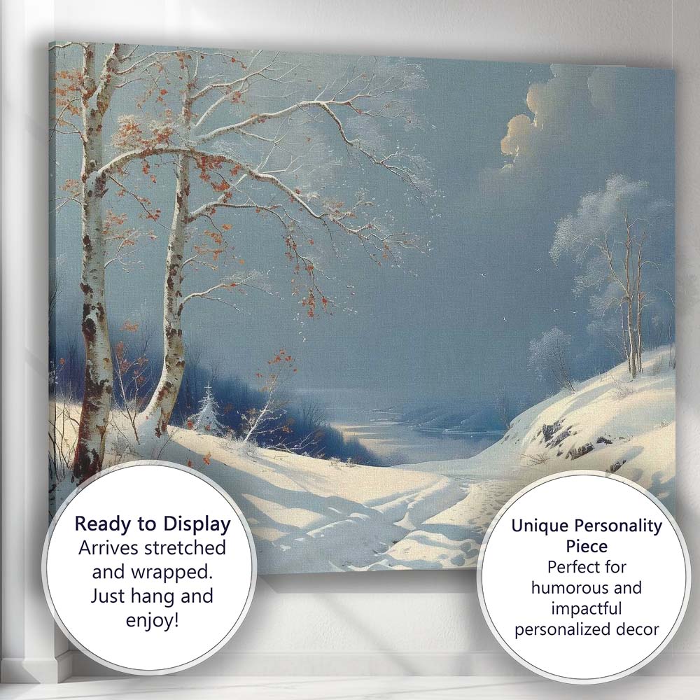 Serene Blue Winter Path Snow Covered Birch Trees Canvas Wall Art Print Decor Picture Ready to Hang