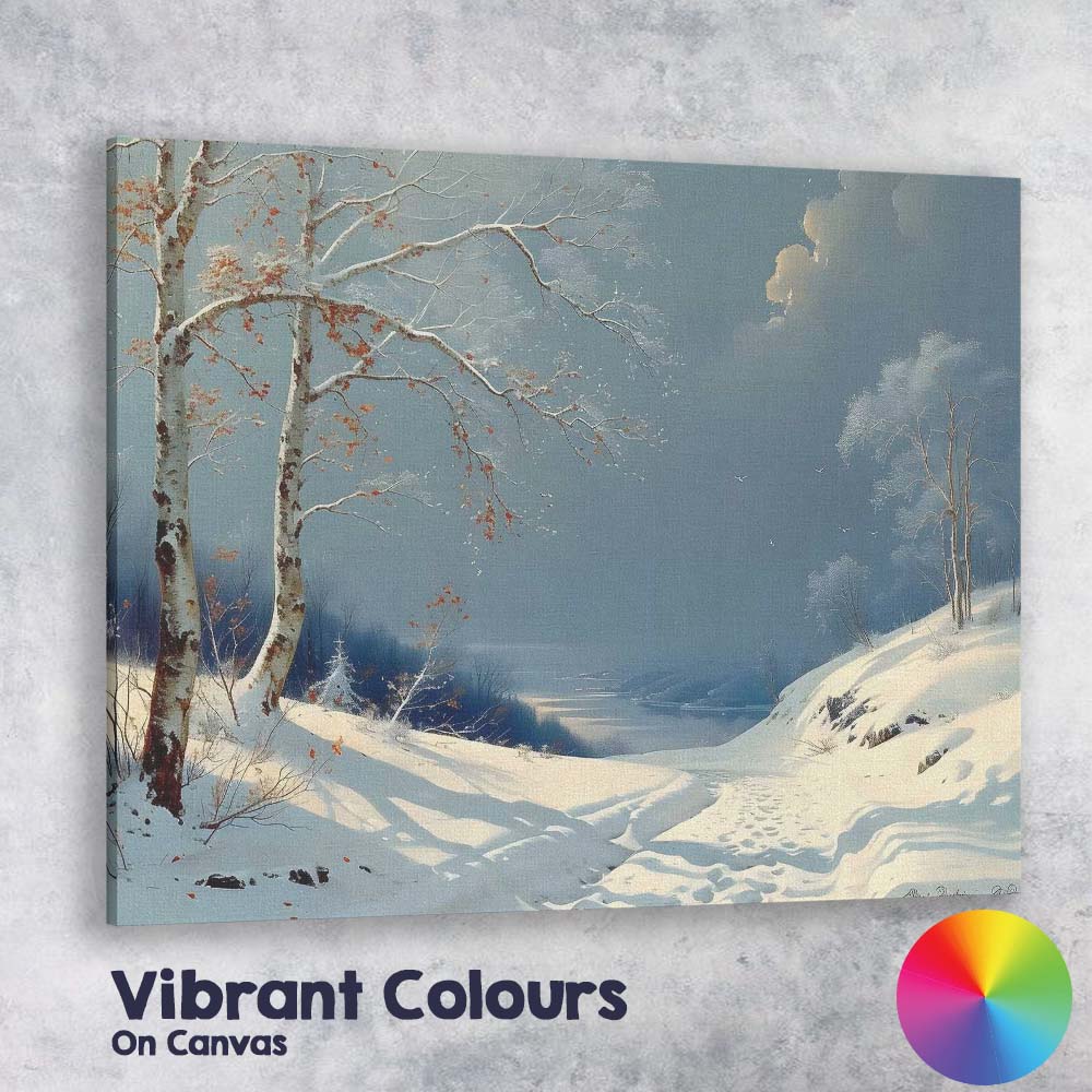Serene Blue Winter Path Snow Covered Birch Trees Canvas Wall Art Print Decor Picture Ready to Hang