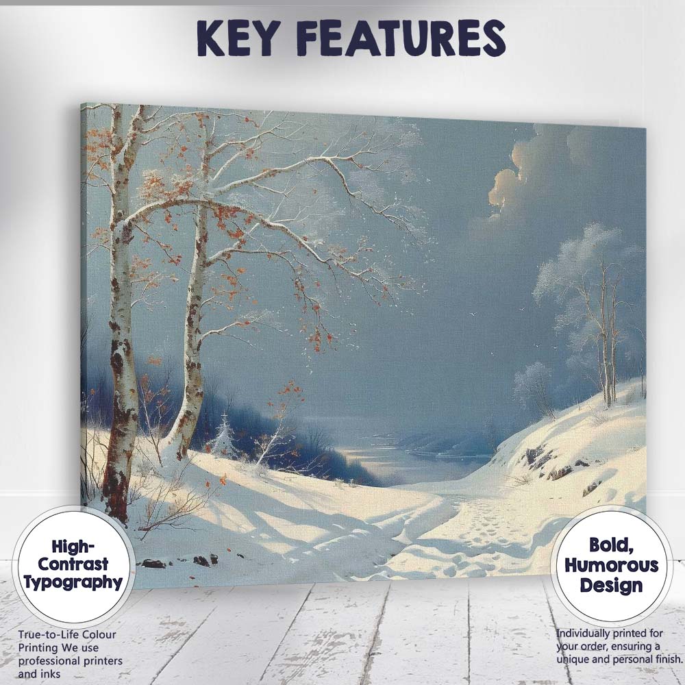 Serene Blue Winter Path Snow Covered Birch Trees Canvas Wall Art Print Decor Picture Ready to Hang